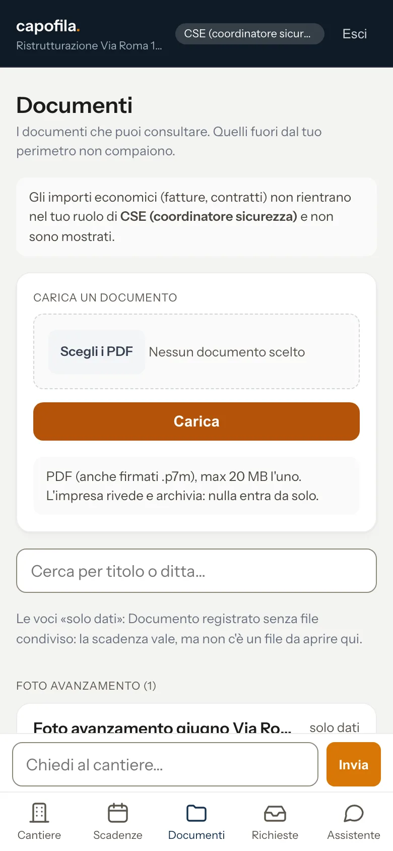 Elenco documenti con l'avviso che gli importi economici non rientrano nel ruolo di CSE
