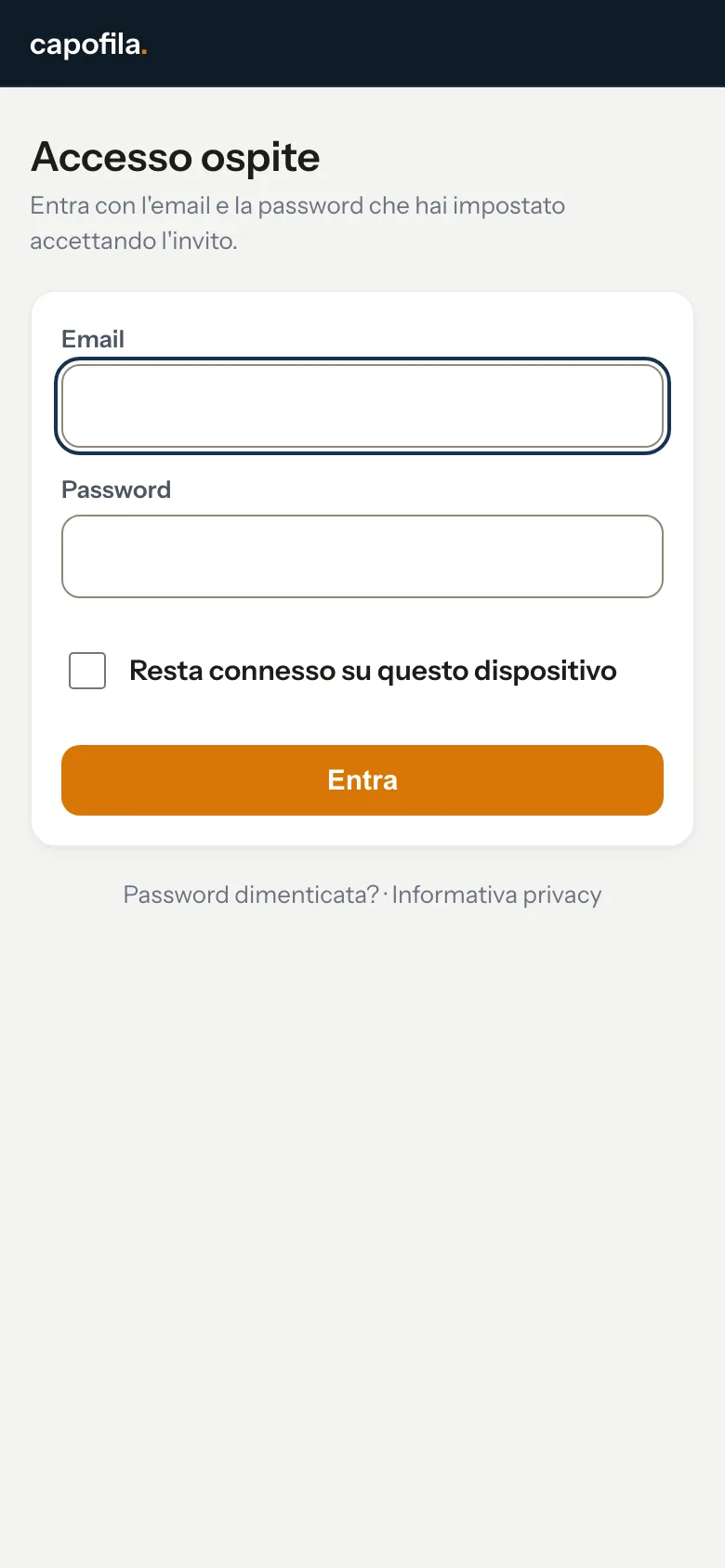 Schermata di accesso del portale: campi email e password