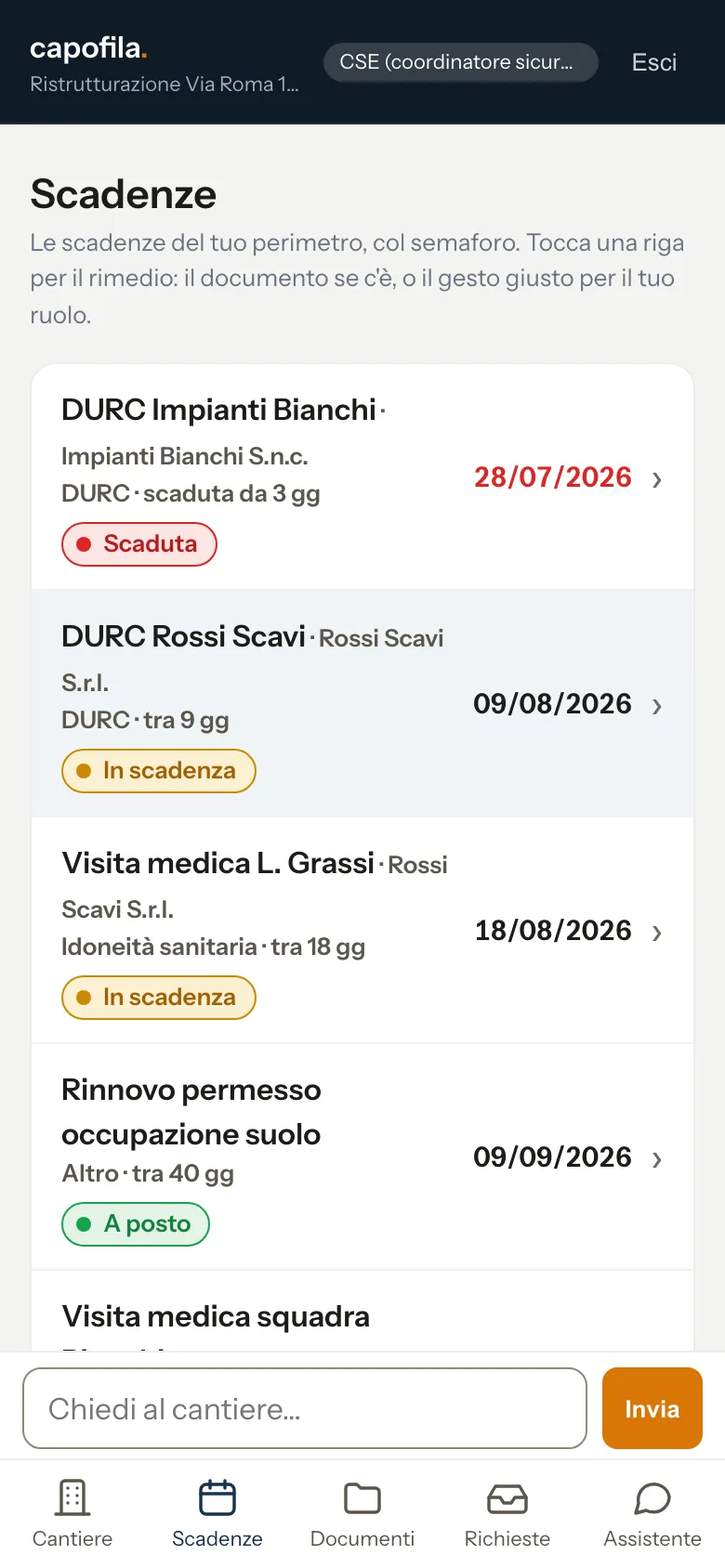 Elenco scadenze con badge Scaduta, In scadenza e A posto